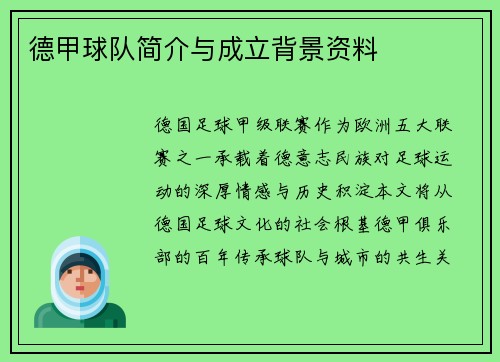 德甲球队简介与成立背景资料