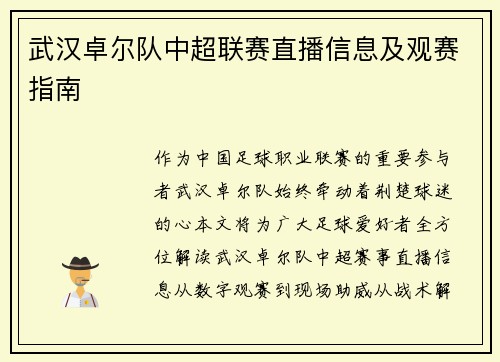 武汉卓尔队中超联赛直播信息及观赛指南