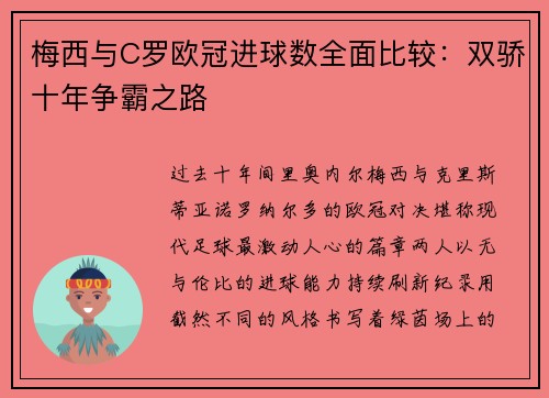 梅西与C罗欧冠进球数全面比较：双骄十年争霸之路